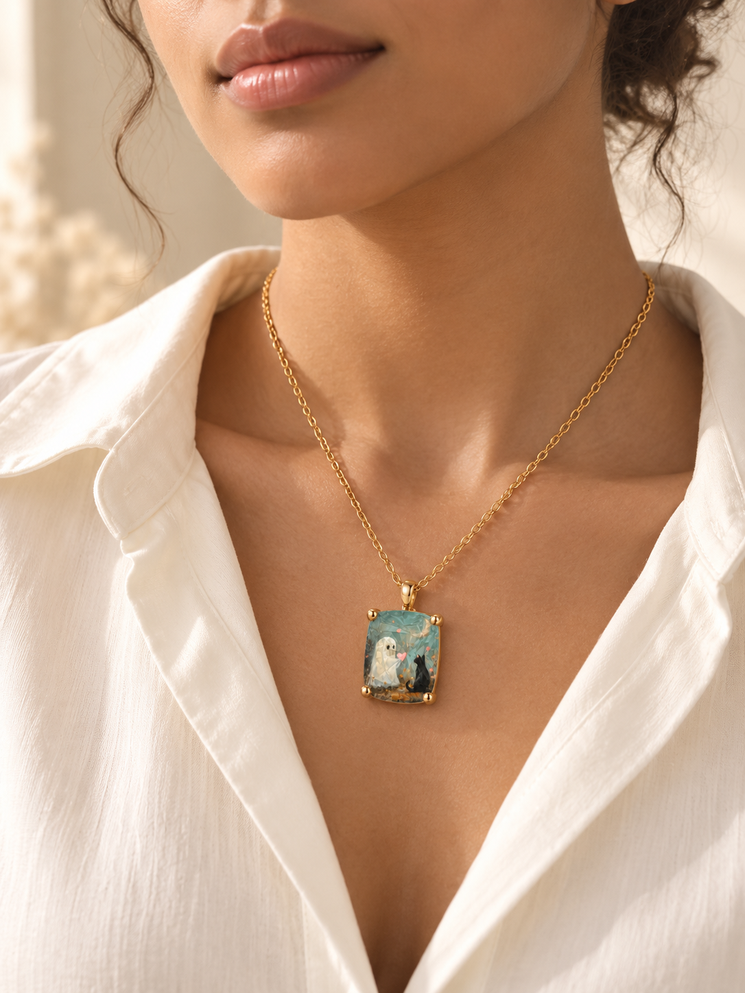 Ghost & Cat Square Necklace