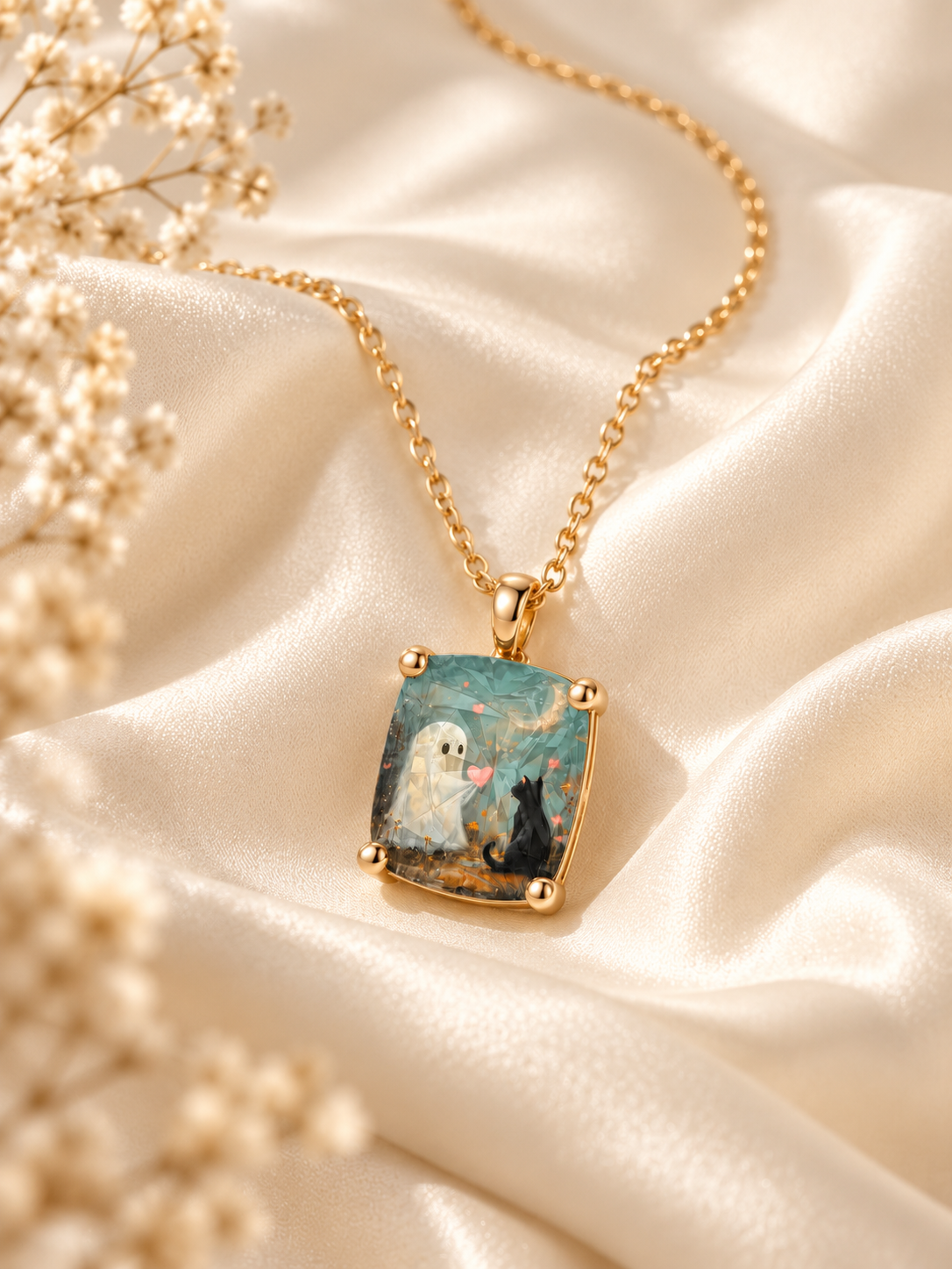 Ghost & Cat Square Necklace